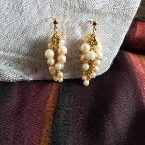 Vintage Goldtone & Faux Pearl Grape Cluster Earrings With Leaves
